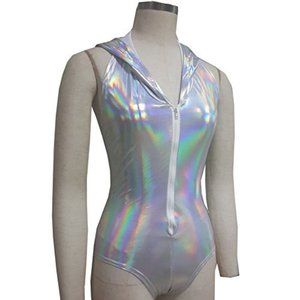 Holographic Silver Hooded Bodysuit Romper